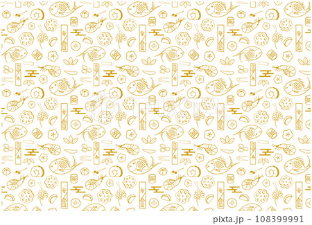おせちのパターン柄 線画 黄金色 108399991