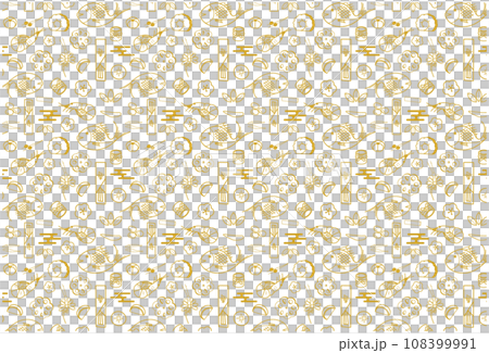 おせちのパターン柄 線画 黄金色 108399991