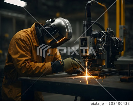 Portrait of a welder working in a factory. He is wearing protective clothing and welding mask. 108400438