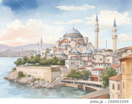 水彩画背景_世界旅行_トルコ_イスタンブール_01 108401004