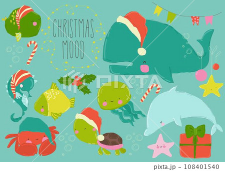 Cute Cartoon Set of Fish and Underwater World with Christmas Elements Cute Cartoon Set of Fish and Underwater World with Christmas Elements 108401540
