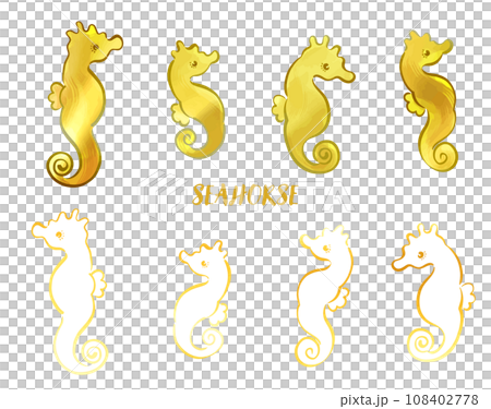 金色_水墨海馬日式插畫集 108402778
