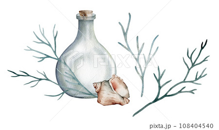 Set of glass jar, vase with wooden stopper, lid, shell. Ocean blue seaweed, coral. Watercolor hand drawn clipart isolated on white background. set of beakers for biological and medical experiments. 108404540