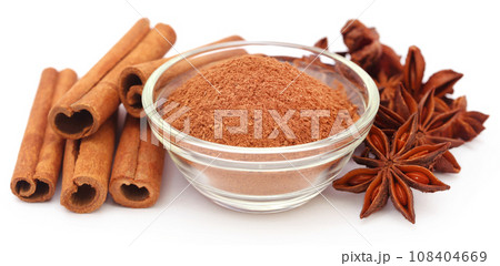 Some aromatic cinnamon with star anise and ground spice 108404669