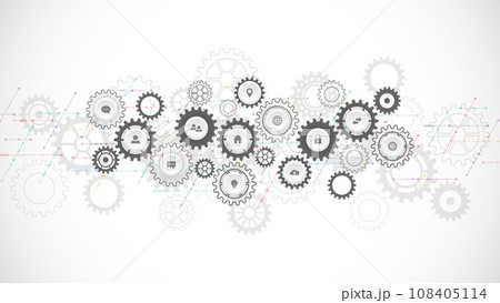Information technology concept with infographic elements and flat icons. Cogs and gear wheel mechanisms. Hi-tech digital technology and engineering. Abstract technical background. Vector illustration 108405114