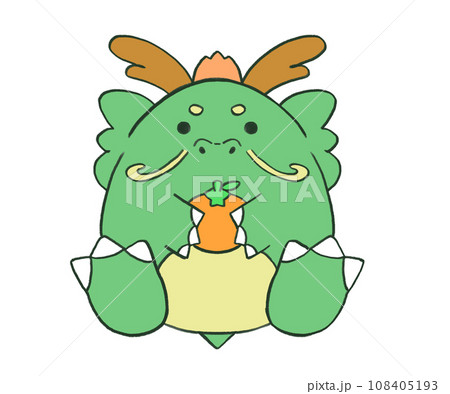 正面を向いてみかんを持っているゆるい手描きの龍 108405193