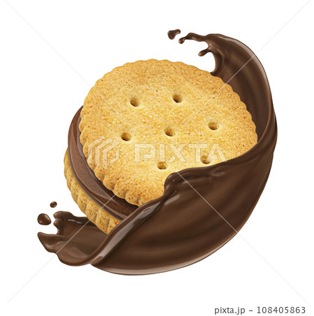 Sandwich cookie and chocolate splash isolated on white background 108405863