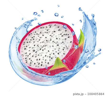 Dragon fruit slice falling into water splash isolated on white background Dragon fruit slice falling into water splash isolated on white background 108405864