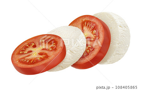 Mozzarella and tomato slices isolated on white background Mozzarella and tomato slices isolated on white background 108405865