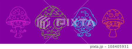 Kawaii illustration set of mushroom characters. Groovy psychedelic mascots for print. Linear vector illustration. 108405931
