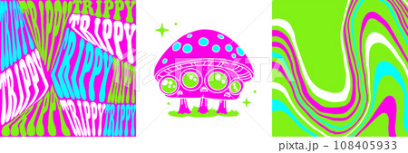 Neon psychedelic cards set with Fantasy magic mushroom with eyes and trippy backgrounds. Vector Toxic luminous mushroom characters from fairy tale, amanita. fantastic fungus with eye. Vector Neon psychedelic cards set with Fantasy magic mushroom with eyes and trippy backgrounds. Vector Toxic luminous mushroom characters from fairy tale, amanita. fantastic fungus with eye. Vector 108405933