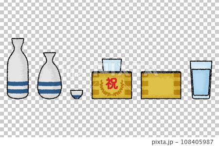 手繪風格模擬觸摸清酒、清酒瓶、choko、masu清酒等。 108405987