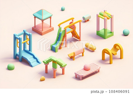 パステルカラーの遊具のセット（アイソメトリック） 108406091