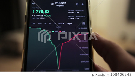 Man is looking at ethereum price deapth chart on digital exchange on mobile phone screen, cryptocurrency. Man is looking at ethereum price deapth chart on digital exchange on mobile phone screen, cryptocurrency. 108406242