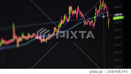 Crypto analysis and charts, trader and broker analyzes the trading market. Concept of cryptocurrency and bitcoin BTC crypto trading. 108406245