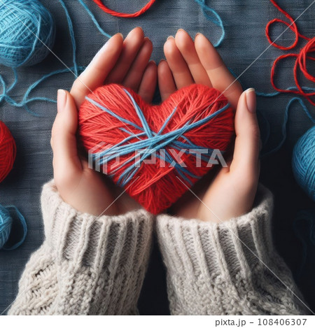 Crochet with your own hands. Knitting threads in pink and gray. Knitted scarf. Female hands hold a crochet hook and knit.DIY. Winter activities during quarantine. Knitted heart. Day of love. Love Crochet with your own hands. Knitting threads in pink and gray. Knitted scarf. Female hands hold a crochet hook and knit.DIY. Winter activities during quarantine. Knitted heart. Day of love. Love 108406307