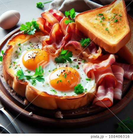 Full English breakfast on a plate with fried eggs, sausages, bacon, beans, toasts and coffee on dark stone background. With copy space. Top view. 108406316