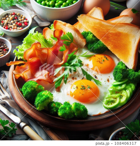 Full English breakfast on a plate with fried eggs, sausages, bacon, beans, toasts and coffee on dark stone background. With copy space. Top view. 108406317