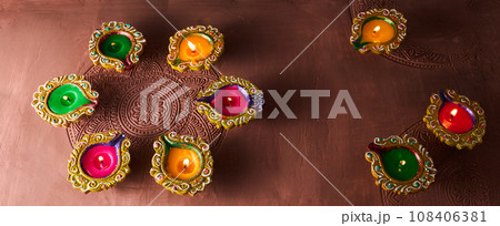 Burning diya on Happy Diwali, background for light festival of India 108406381