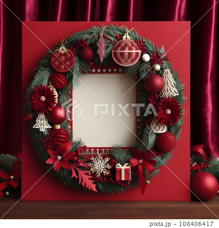 Christmas wreath photo frame, home decor mock-up, AI-generative image 108406417
