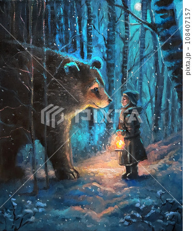 Little girl met Huge bear Forest spirit on winter snowy forest. Oil painting on canvas - fairytale animal with kid in fairytale forest . Original hand drawn oil picture for Christmas and New year 108407157