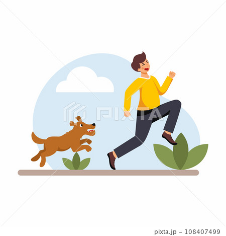 Man is afraid of angry dog. Dangerous animal attacked man. Vector illustration in cartoon style. Dog runs after guy. 108407499