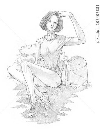 a beautiful woman in short hair wearing short pants with a long sleeves t-shirt sitting in a park 108407881