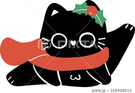 Cute Christmas Black Cat with Santa Hat and Winter Scarf - Festive Cartoon Pet Cute Christmas Black Cat with Santa Hat and Winter Scarf - Festive Cartoon Pet 108408013
