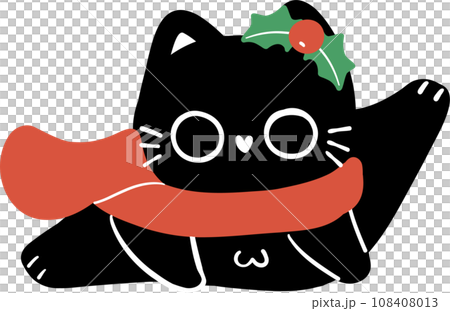 Cute Christmas Black Cat with Santa Hat and Winter Scarf - Festive Cartoon Pet Cute Christmas Black Cat with Santa Hat and Winter Scarf - Festive Cartoon Pet 108408013