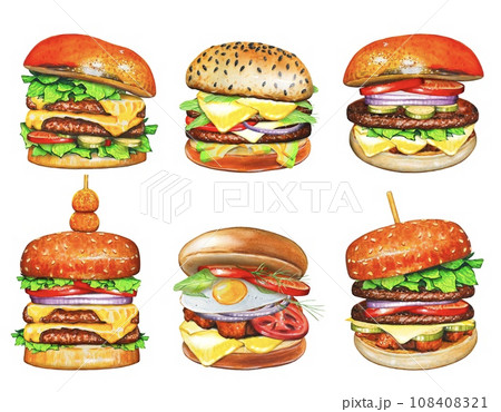 Set with hand drawn burgers, watercolor food illustration. 108408321