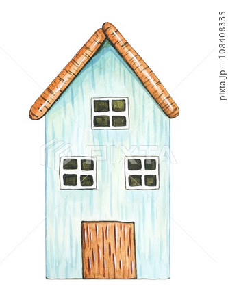 Simple decor in the form of a house, blue house for decoration, watercolor 108408335