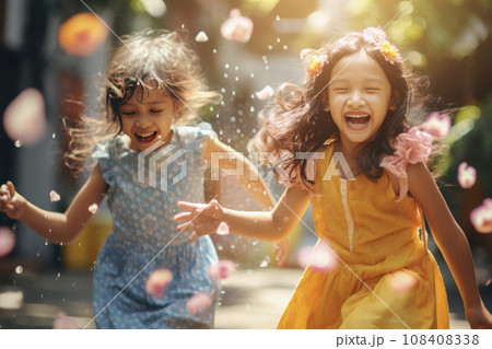 Little girl blowing soap bubbles. Girl trying to catch bubble. Little girl blowing soap bubbles. Girl trying to catch bubble. 108408338