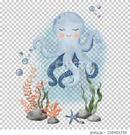 Underwater Animals. Cute undersea octopus, shells, algae, corals and bubbles. Hand drawn watercolor illustration of sea fish for kids design, poster, baby shower, newborn cards 108408738