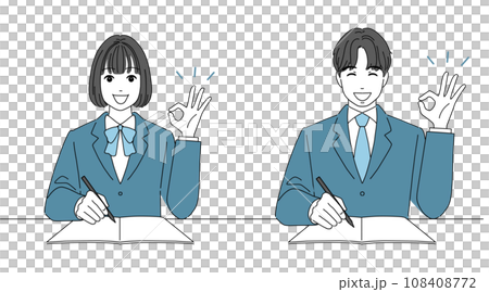 Male and female students rejoice after giving the OK sign 108408772