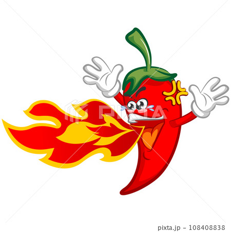 vector mascot character illustration of super spicy chili spitting hot fire while raising his two hands up vector mascot character illustration of super spicy chili spitting hot fire while raising his two hands up 108408838