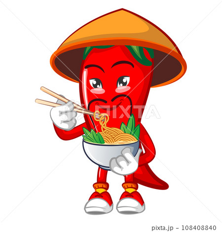 vector mascot character illustration of asian chili wearing a typical asian farmer's hat eating a bowl of noodles vector mascot character illustration of asian chili wearing a typical asian farmer's hat eating a bowl of noodles 108408840