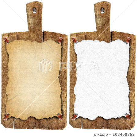 Old Wooden Cutting Boards with Empty Sheet of Paper Isolated on White 108408865
