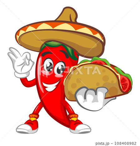 vector mascot character illustration of chili wearing a typical Mexican hat offering delicious taco vector mascot character illustration of chili wearing a typical Mexican hat offering delicious taco 108408982