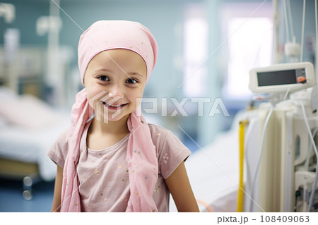 Happy cancer patient. Smiling girl after chemotherapy treatment at hospital oncology department. Leukemia cancer recovery. Cancer survivor. Smiling bald cute girl with a pink headscarf. Generative AI. 108409063