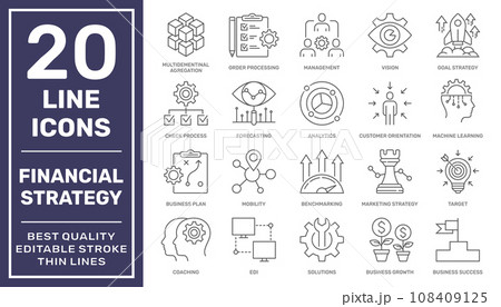 Financial strategy vector icons set. Business and finance web icon set - outline icon collection, vector Editable Stroke. EPS 10 108409125