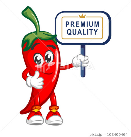 vector mascot character illustration of cute chili holding a board that says premium quality 108409464