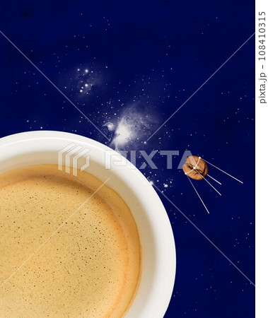 Cup with delicious coffee with milk and flying beans around against blue background. Contemporary art collage. Poster. Drink, creative, surrealism Cup with delicious coffee with milk and flying beans around against blue background. Contemporary art collage. Poster. Drink, creative, surrealism 108410315