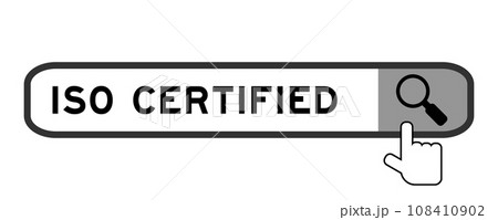Search banner in word iso certified with hand over magnifier icon on white background 108410902