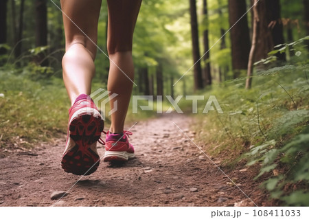 Woman running on forest trail, fresh outdoor exercise. Generative Ai. 108411033