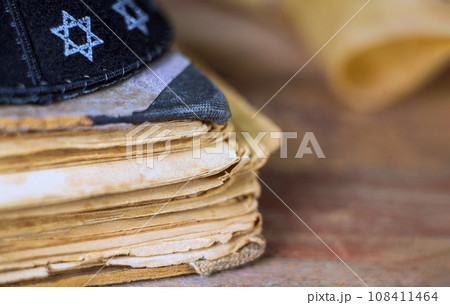 Jewish holiday festival at shofar prayer book kippah celebrating holly days in synagogue Jewish holiday festival at shofar prayer book kippah celebrating holly days in synagogue 108411464