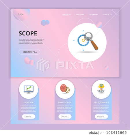 Scope flat landing page website template. Increase, intellectual, performance. Web banner with header, content and footer. Vector illustration. Scope flat landing page website template. Increase, intellectual, performance. Web banner with header, content and footer. Vector illustration. 108411666