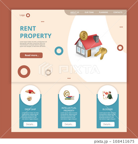 Rent property flat landing page website template. Drop ship, intellectual property, blogger. Web banner with header, content and footer. Vector illustration. Rent property flat landing page website template. Drop ship, intellectual property, blogger. Web banner with header, content and footer. Vector illustration. 108411675