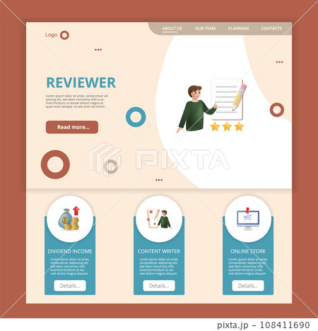 Reviewer flat landing page website template. Dividend income, content writer, online store. Web banner with header, content and footer. Vector illustration. Reviewer flat landing page website template. Dividend income, content writer, online store. Web banner with header, content and footer. Vector illustration. 108411690