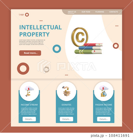 Intellectual property flat landing page website template. Income stream, donates, passive income. Web banner with header, content and footer. Vector illustration. 108411691