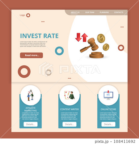 Invest rate flat landing page website template. Affiliate marketing, content writer, online store. Web banner with header, content and footer. Vector illustration. 108411692